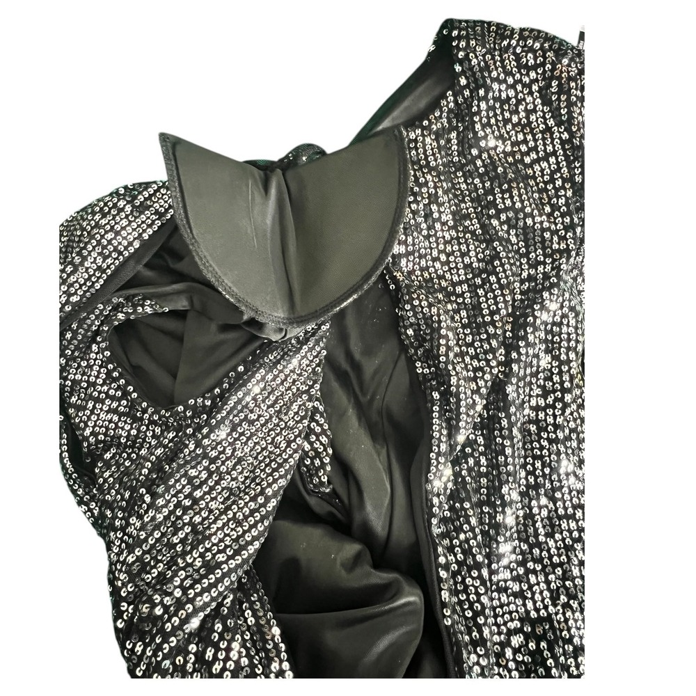 Black Silver Sequin Maxi Dress M Deep V Slit Glam Evening Gown - Picture 6 of 16